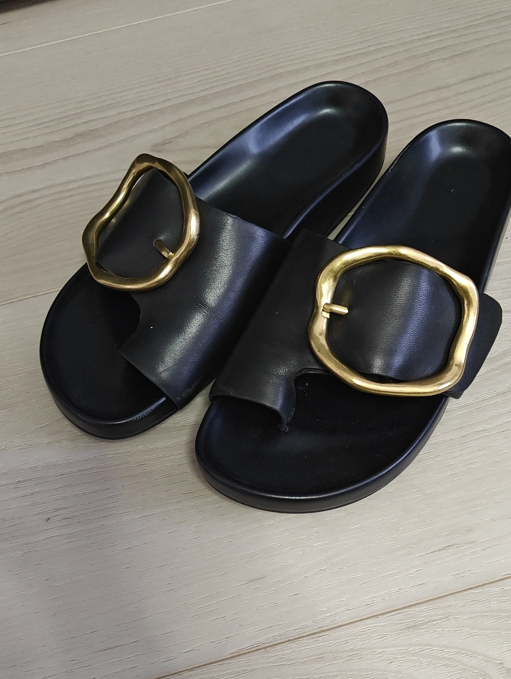 Franco Sarto Black Slide Sandals with Gold Buckle